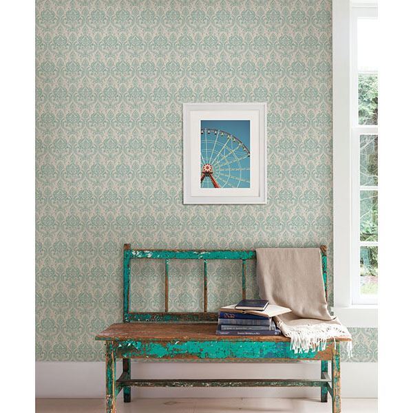 Waverly Turquoise Petite Damask Wallpaper - York Wallcoverings - 1014-001819 - York Wallcoverings Wallpaper