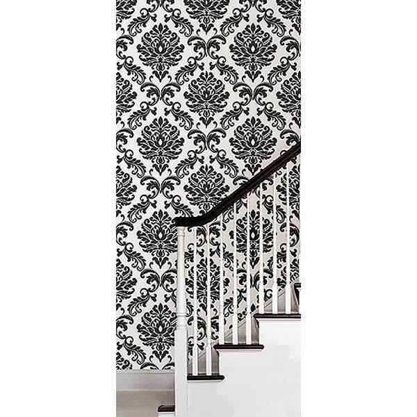 Ariel Black and White Damask Peel and Stick Wallpaper - York Wallcoverings - NUS1646 - York Wallcoverings Wallpaper