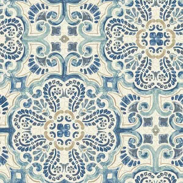 Blue Florentine Tile Peel and Stick Wallpaper - York Wallcoverings - NUS2235 - York Wallcoverings Wallpaper
