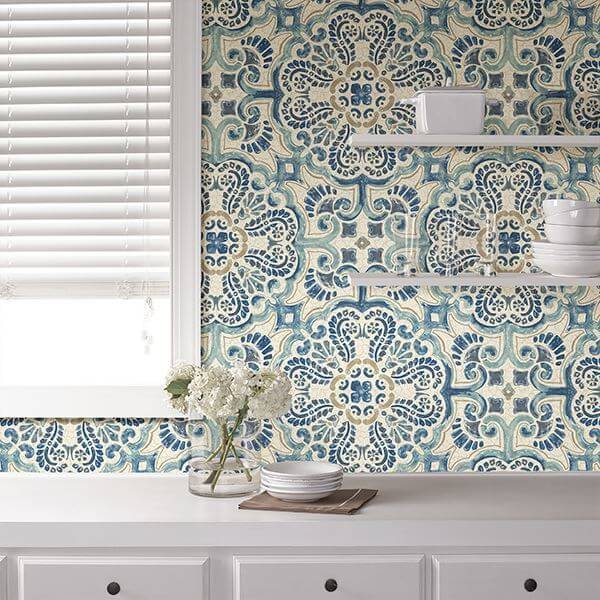 Blue Florentine Tile Peel and Stick Wallpaper - York Wallcoverings - NUS2235 - York Wallcoverings Wallpaper