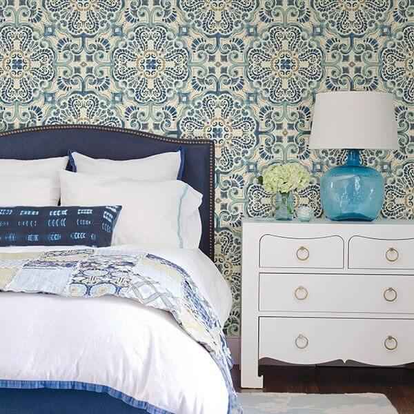 Blue Florentine Tile Peel and Stick Wallpaper - York Wallcoverings - NUS2235 - York Wallcoverings Wallpaper
