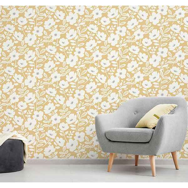 Bergman Mustard Scandi Flower Wallpaper - York Wallcoverings - UW24774