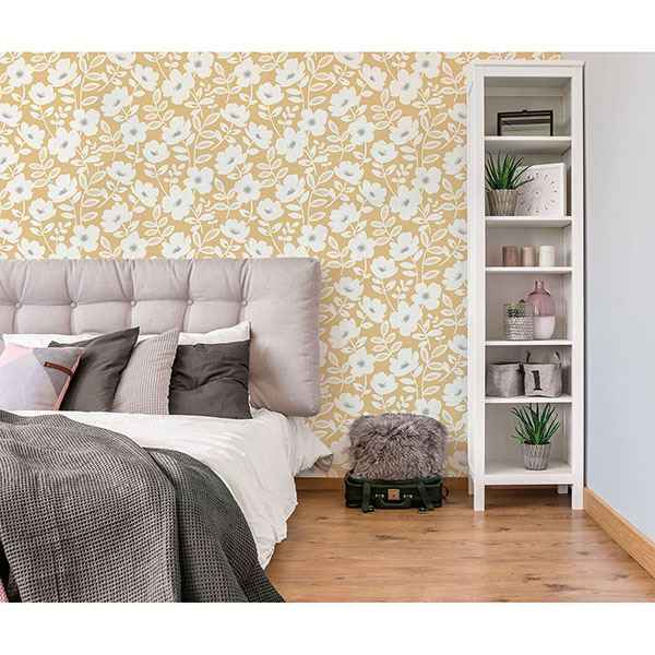 Bergman Mustard Scandi Flower Wallpaper - York Wallcoverings - UW24774 - York Wallcoverings Wallpaper
