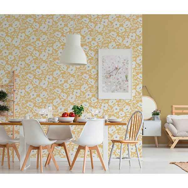 Bergman Mustard Scandi Flower Wallpaper - York Wallcoverings - UW24774 - York Wallcoverings Wallpaper