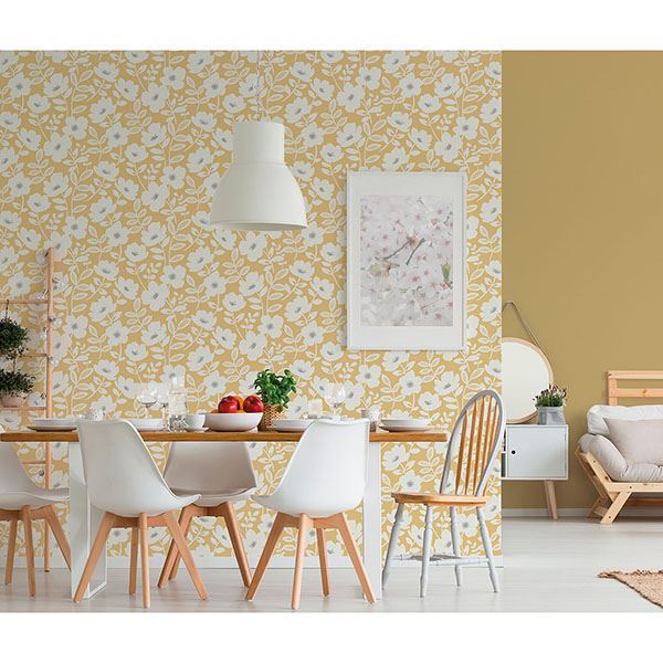 bergman-mustard-scandi-flower-wallpaper-york-wallcoverings-uw24774 - York Wallcoverings Papel pintado