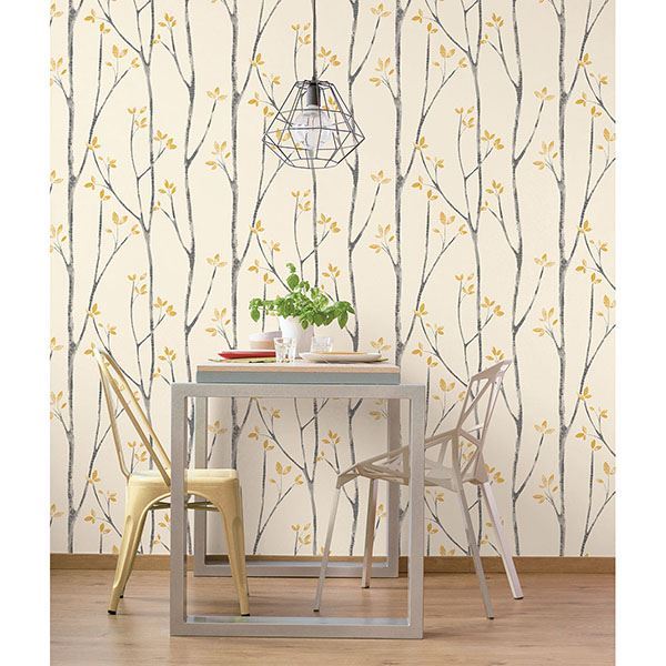 ingrid-mustard-scandi-tree-wallpaper-york-wallcoverings-uw24776 - York Wallcoverings Papel pintado