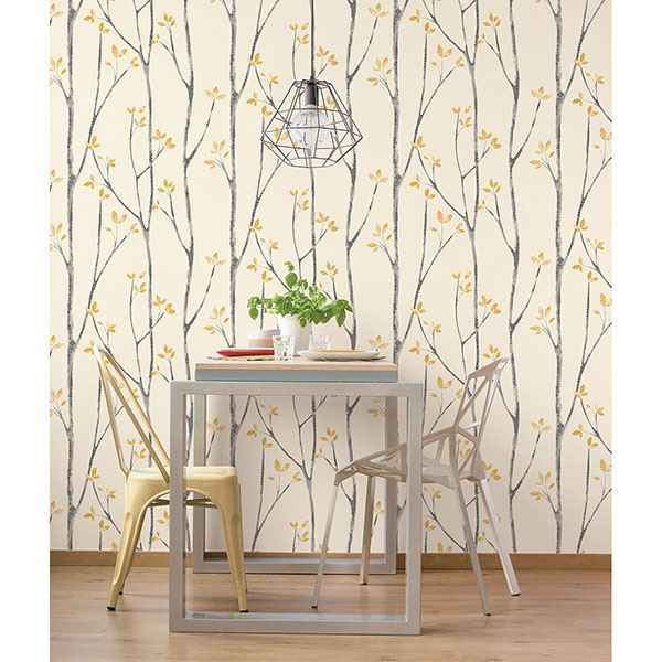 Ingrid Mustard Scandi Tree Wallpaper - York Wallcoverings - UW24776 - York Wallcoverings Wallpaper