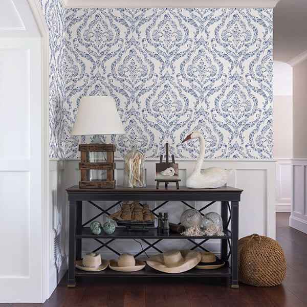 Featherton Blue Floral Damask Wallpaper - York Wallcoverings - 2901-25403 - York Wallcoverings Wallpaper