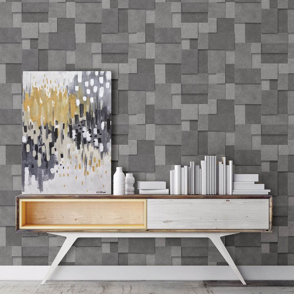 duchamp-dark-grey-metallic-squares-wallpaper-york-wallcoverings-2922-25354 - York Wallcoverings Papel pintado