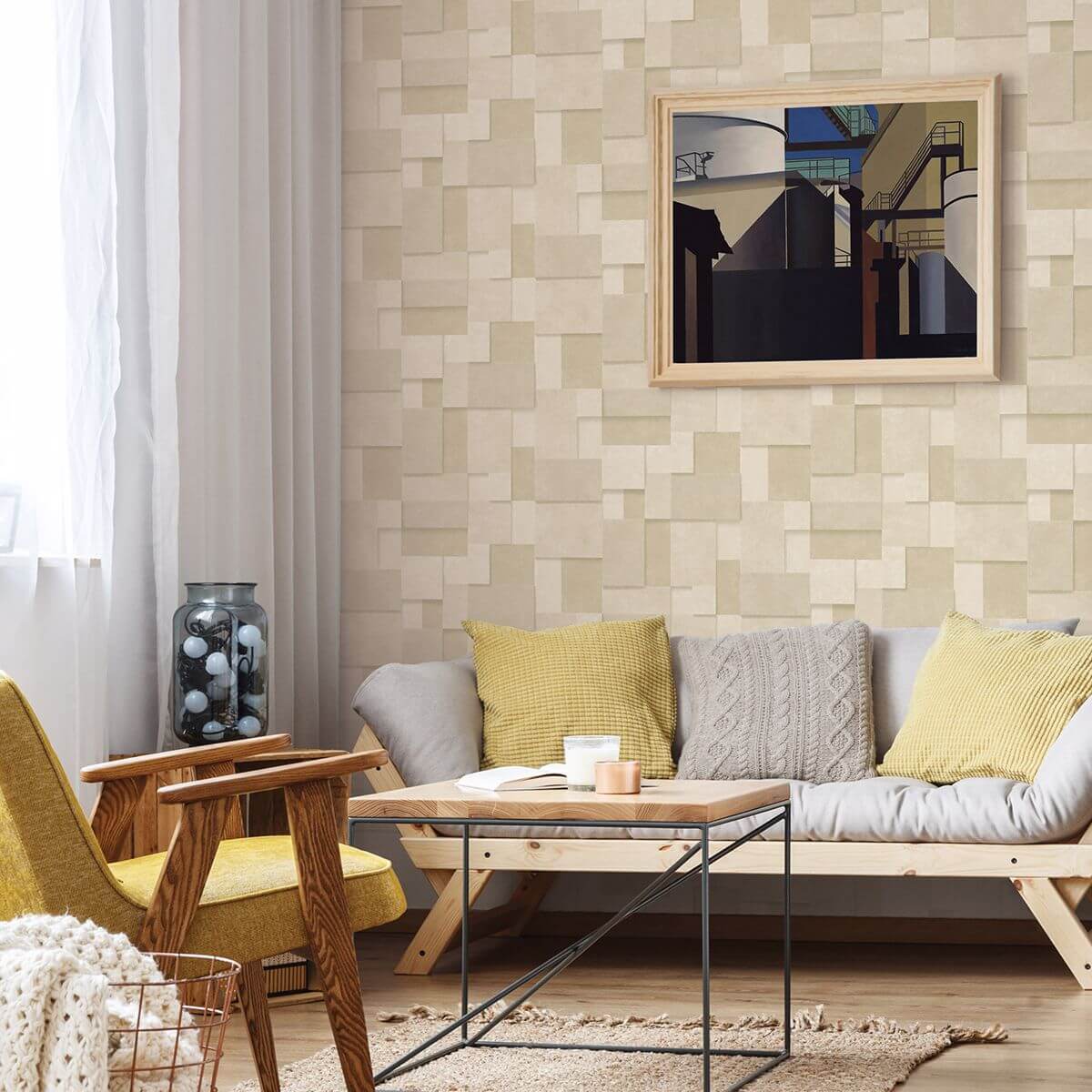 duchamp-wheat-metallic-squares-wallpaper-york-wallcoverings-2922-25355 - York Wallcoverings Papel pintado