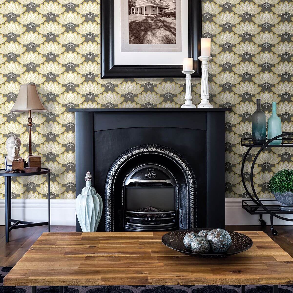 lotus-mustard-floral-fans-wallpaper-york-wallcoverings-2861-25754 - York Wallcoverings Papel pintado