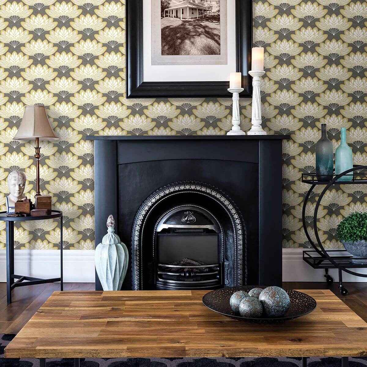 Lotus Mustard Floral Fans Wallpaper - York Wallcoverings - 2861-25754 - York Wallcoverings Wallpaper