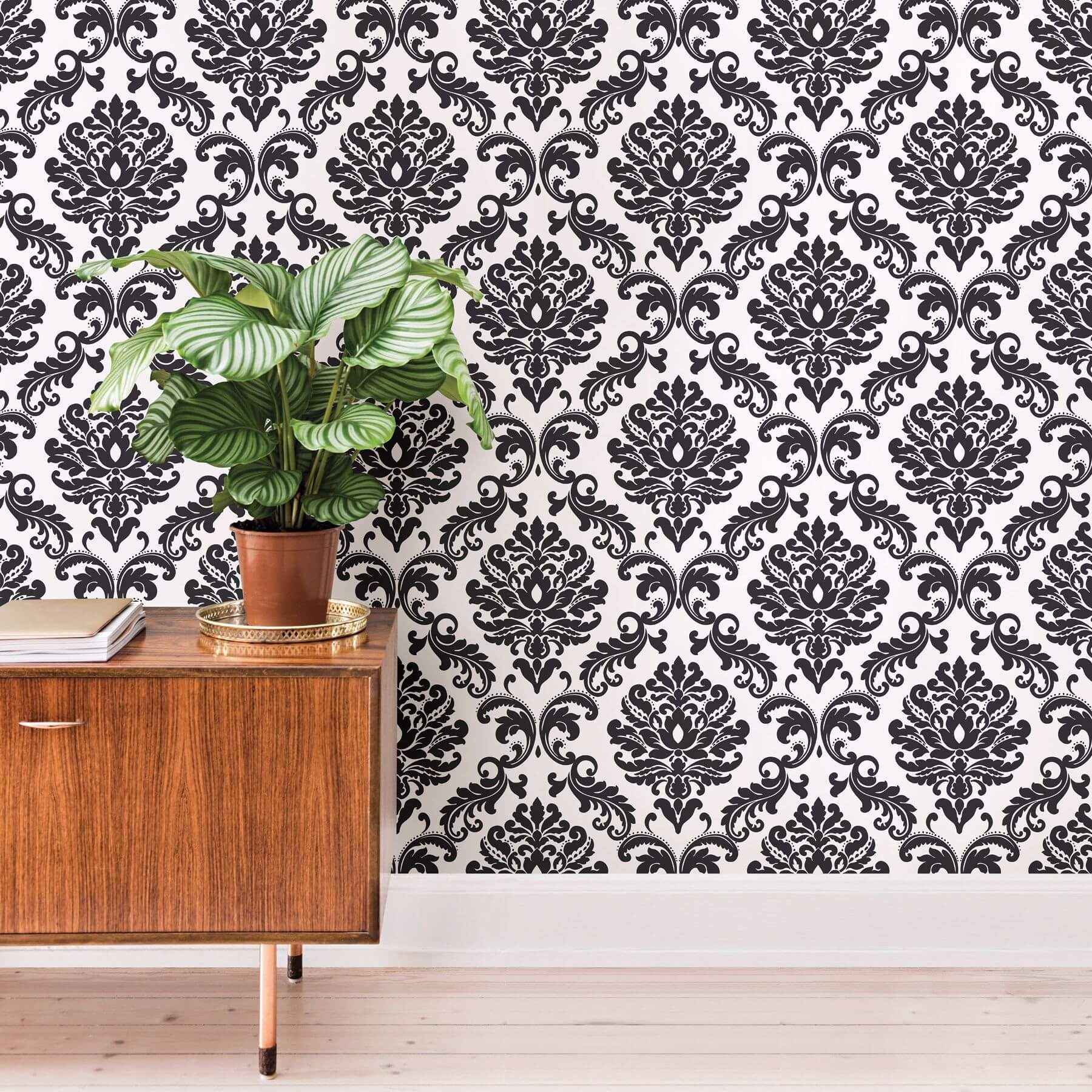 Ariel Black and White Damask Peel and Stick Wallpaper - York Wallcoverings - NUS1646 - York Wallcoverings Wallpaper