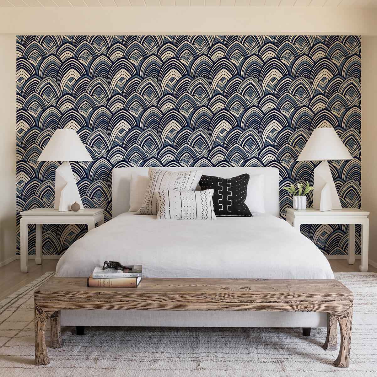 Cabarita Indigo Art Deco Flocked Leaves Wallpaper - York Wallcoverings - 2969-87351 - York Wallcoverings Wallpaper