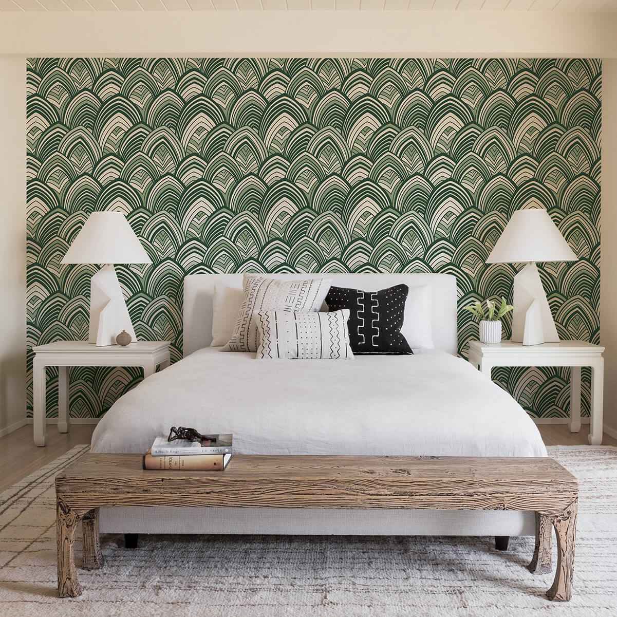 Cabarita Green Art Deco Flocked Leaves Wallpaper - York Wallcoverings - 2969-87354 - York Wallcoverings Wallpaper