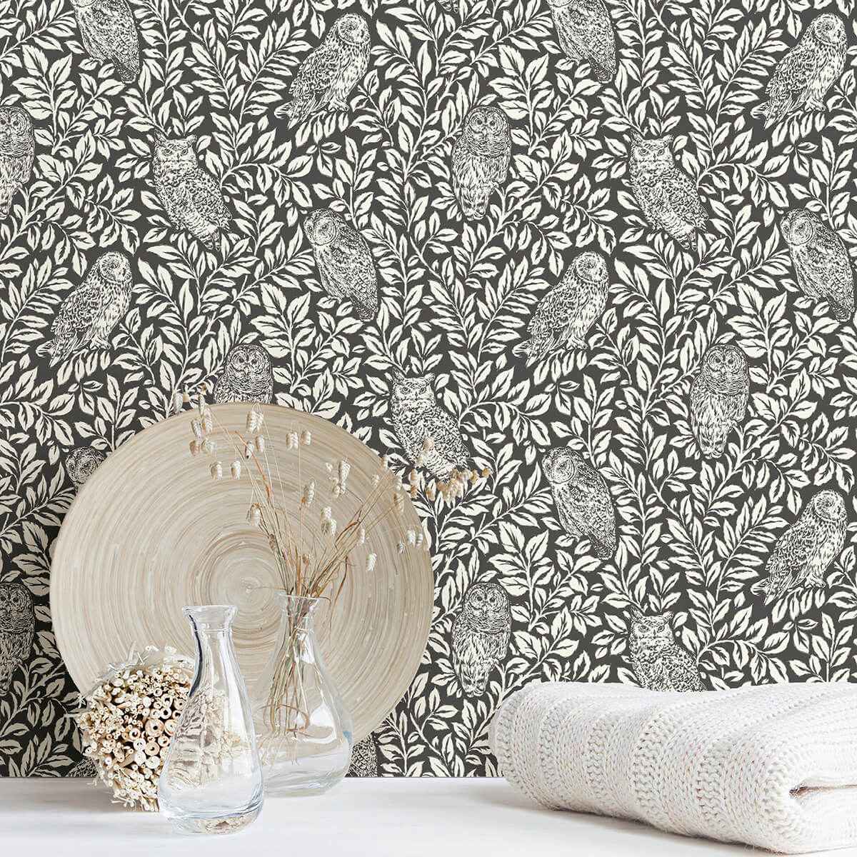 Charcoal Sleepy Owls Peel and Stick Wallpaper - York Wallcoverings - NUS3625 - York Wallcoverings Wallpaper