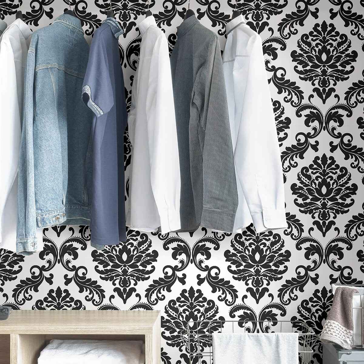 Ariel Black and White Damask Peel and Stick Wallpaper - York Wallcoverings - NUS1646 - York Wallcoverings Wallpaper