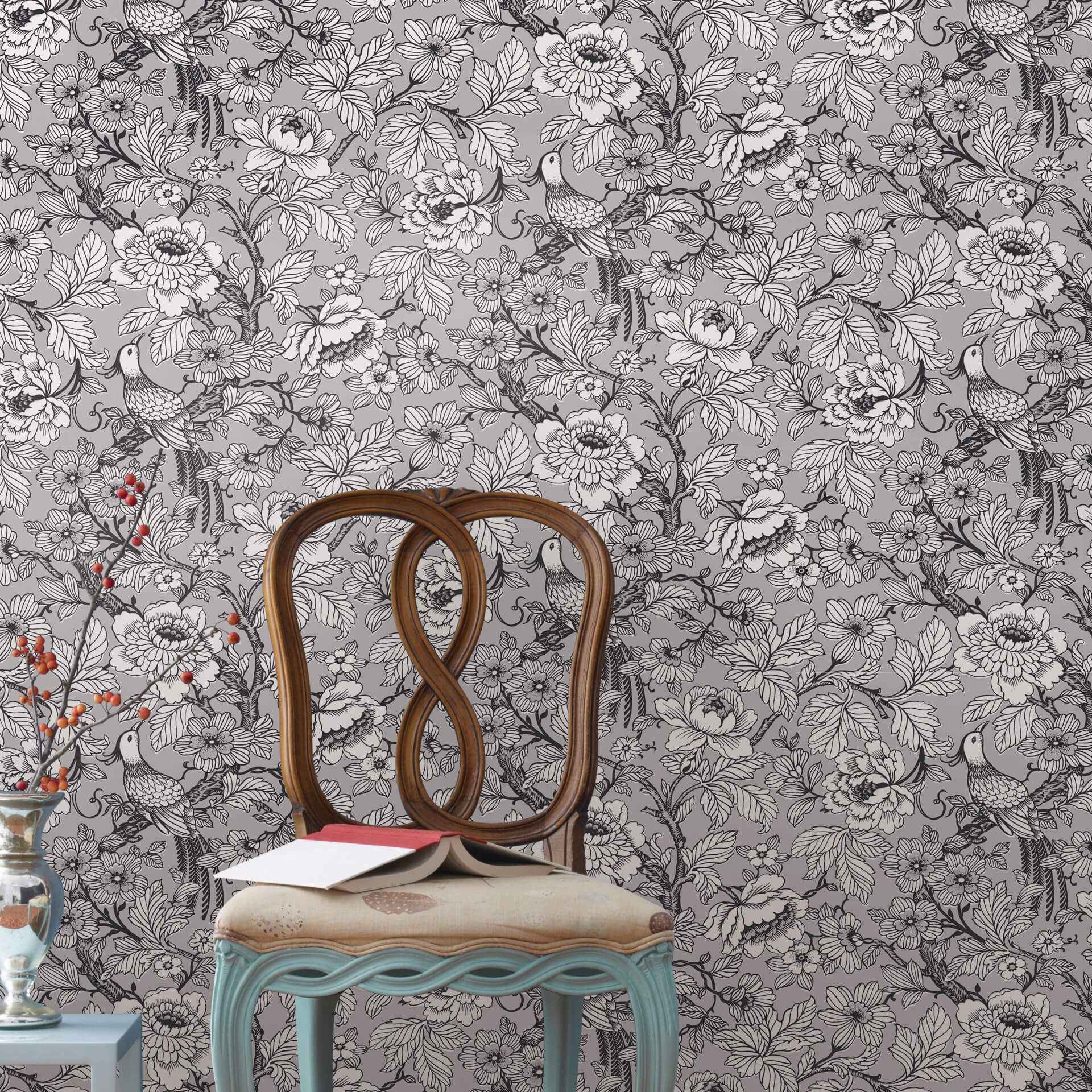 Beaufort Silver Peony Chinoiserie Wallpaper - York Wallcoverings - 2927-80407 - York Wallcoverings Wallpaper