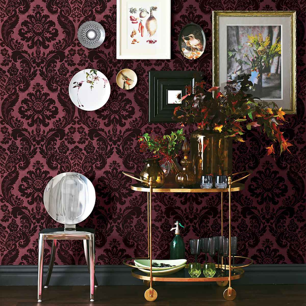 Shadow Merlot Flocked Damask Wallpaper - York Wallcoverings - 2763-87315 - York Wallcoverings Wallpaper