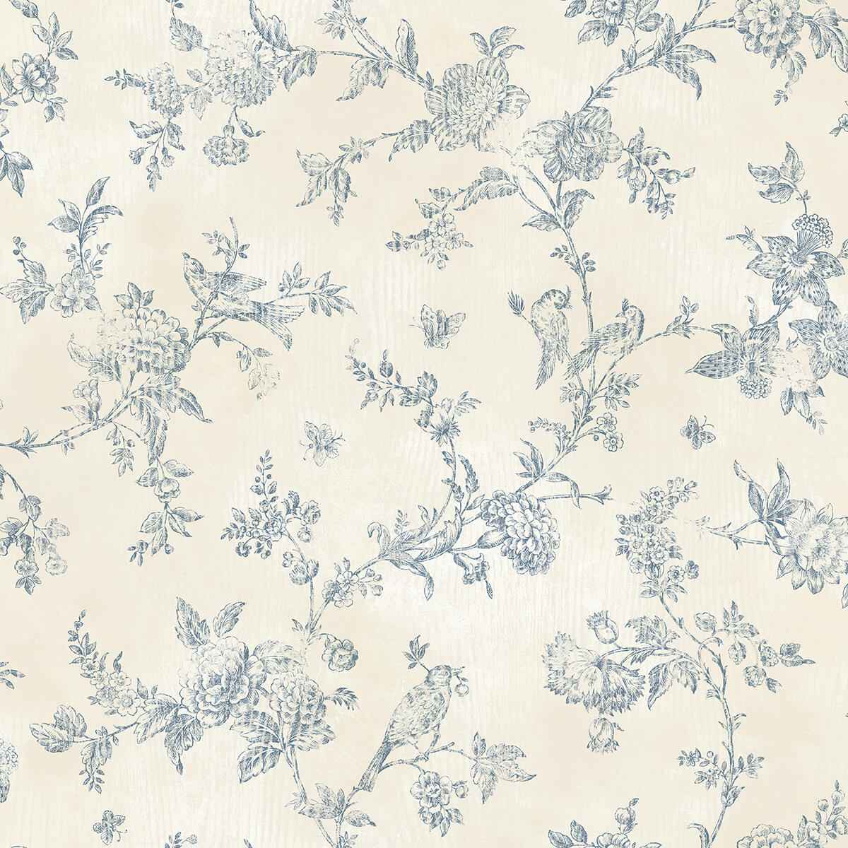 French Nightingale Blue Trail Wallpaper - York Wallcoverings - 3123-02192 - York Wallcoverings Wallpaper