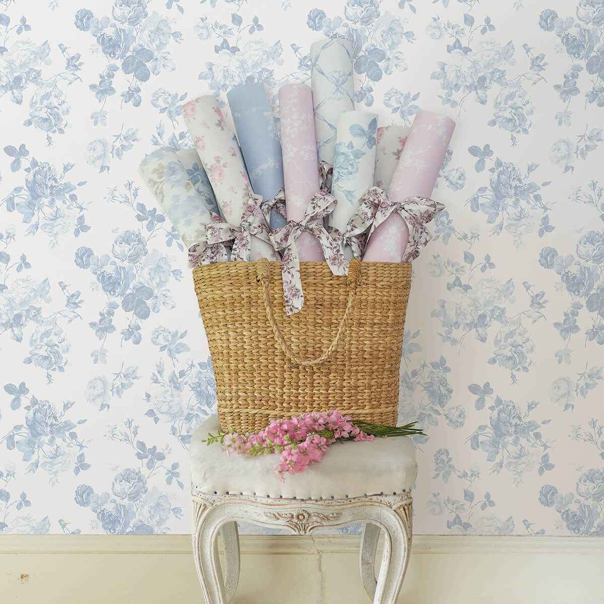 Everblooming Rosettes Dreamy Sky Cabbage Rose Bouquets Wallpaper - York Wallcoverings - AST4102 - York Wallcoverings Wallpaper