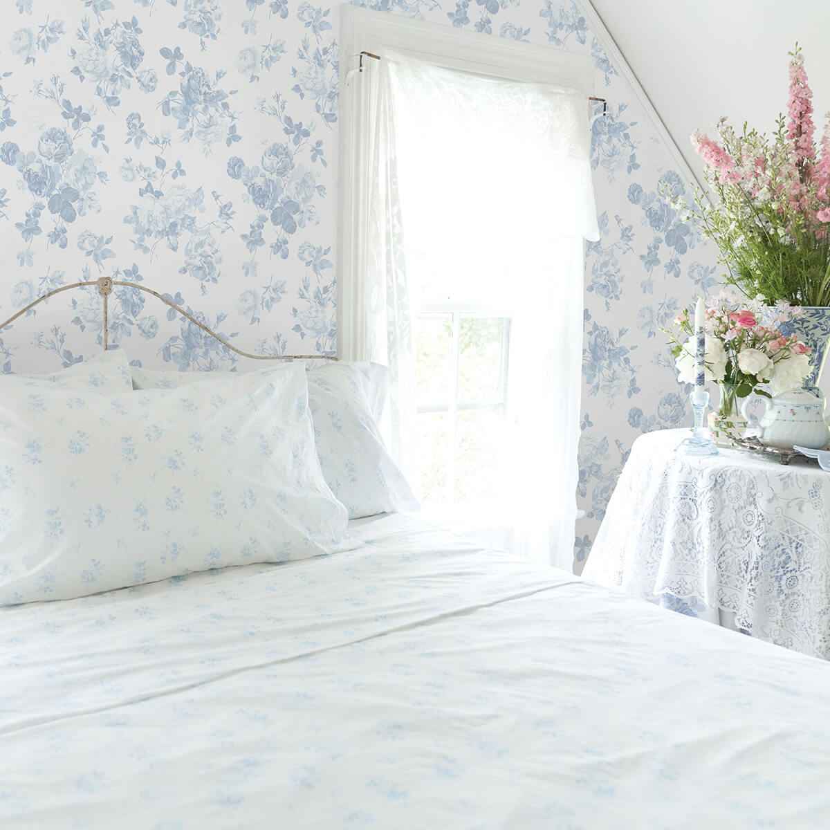 Everblooming Rosettes Dreamy Sky Cabbage Rose Bouquets Wallpaper - York Wallcoverings - AST4102 - York Wallcoverings Wallpaper