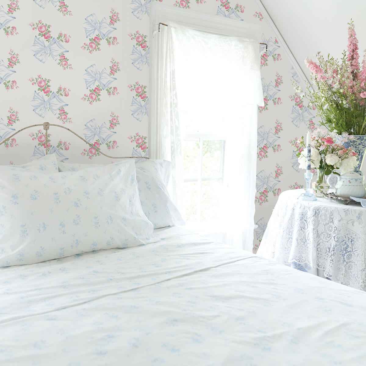 Rosa Beaux Pastel Blue Large Bow Spot Wallpaper - York Wallcoverings - AST4113 - York Wallcoverings Wallpaper