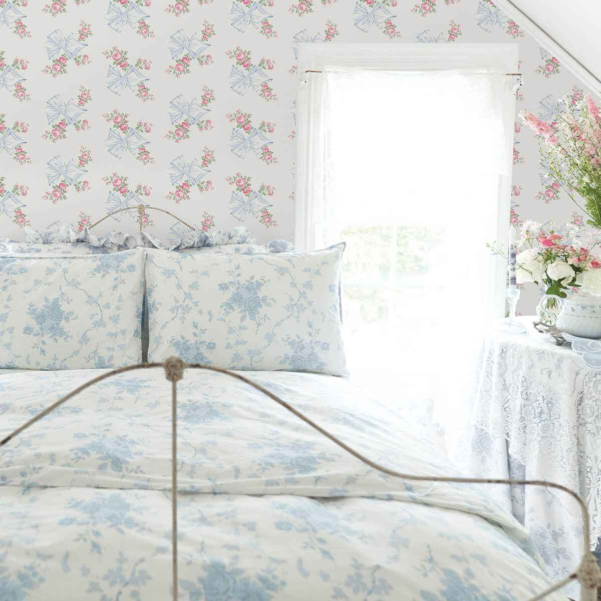 Rosa Beaux Pastel Blue Large Bow Spot Wallpaper - York Wallcoverings - AST4113 - York Wallcoverings Wallpaper