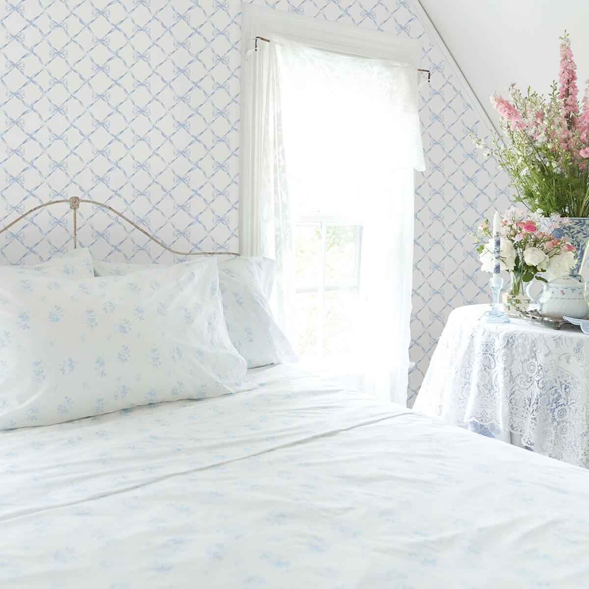 Baby Bow Blue Bella Ribbon Ribbon Trellis Wallpaper - York Wallcoverings - AST4168 - York Wallcoverings Wallpaper