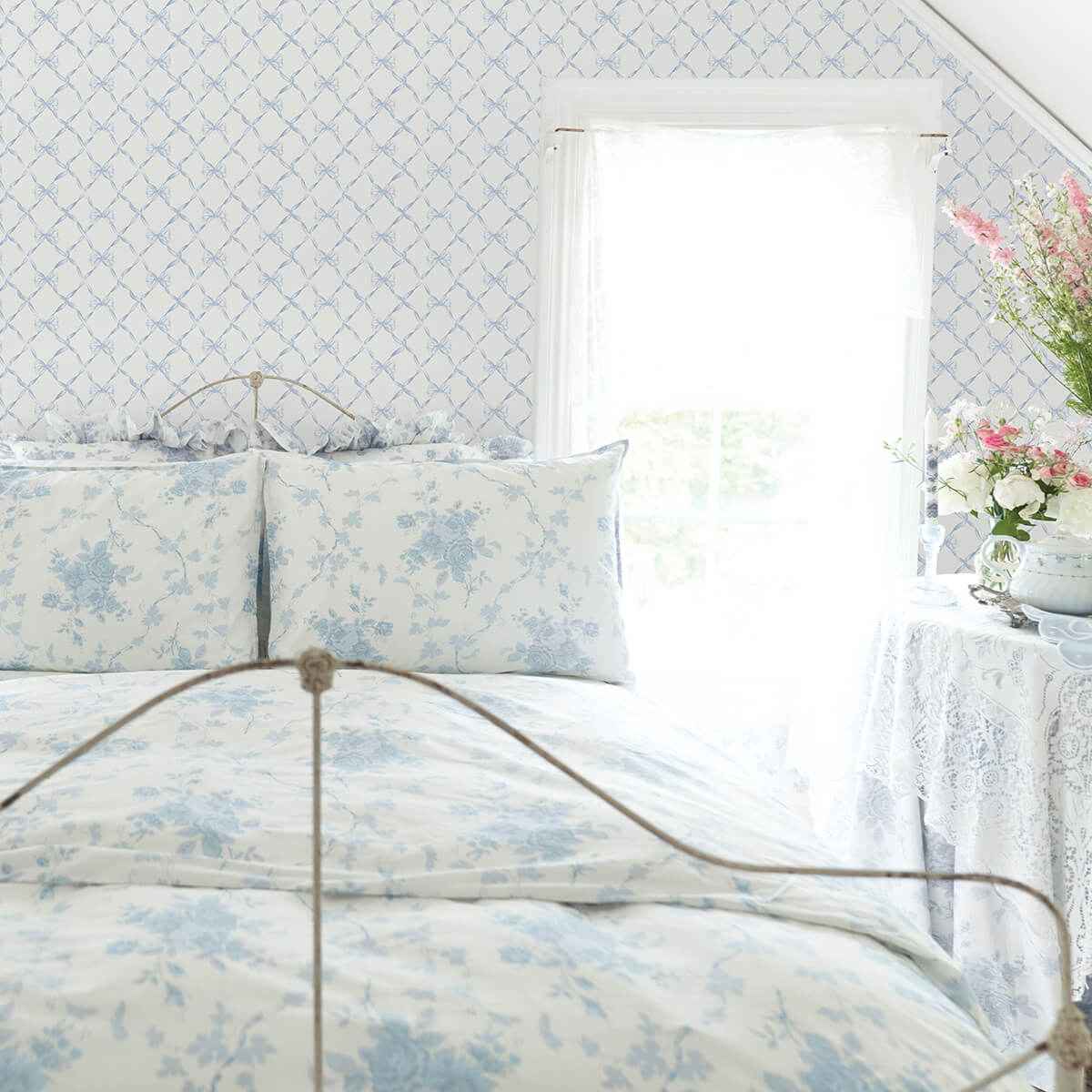 Baby Bow Blue Bella Ribbon Ribbon Trellis Wallpaper - York Wallcoverings - AST4168 - York Wallcoverings Wallpaper