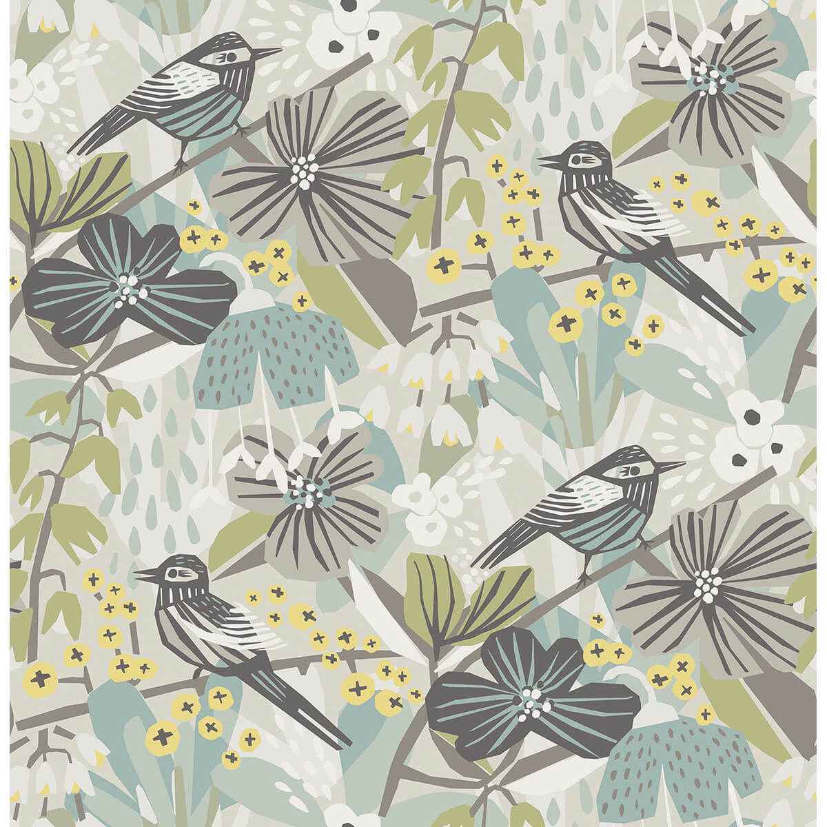 Grey Aqua Jaybird Peel and Stick Wallpaper - York Wallcoverings - PLS4215