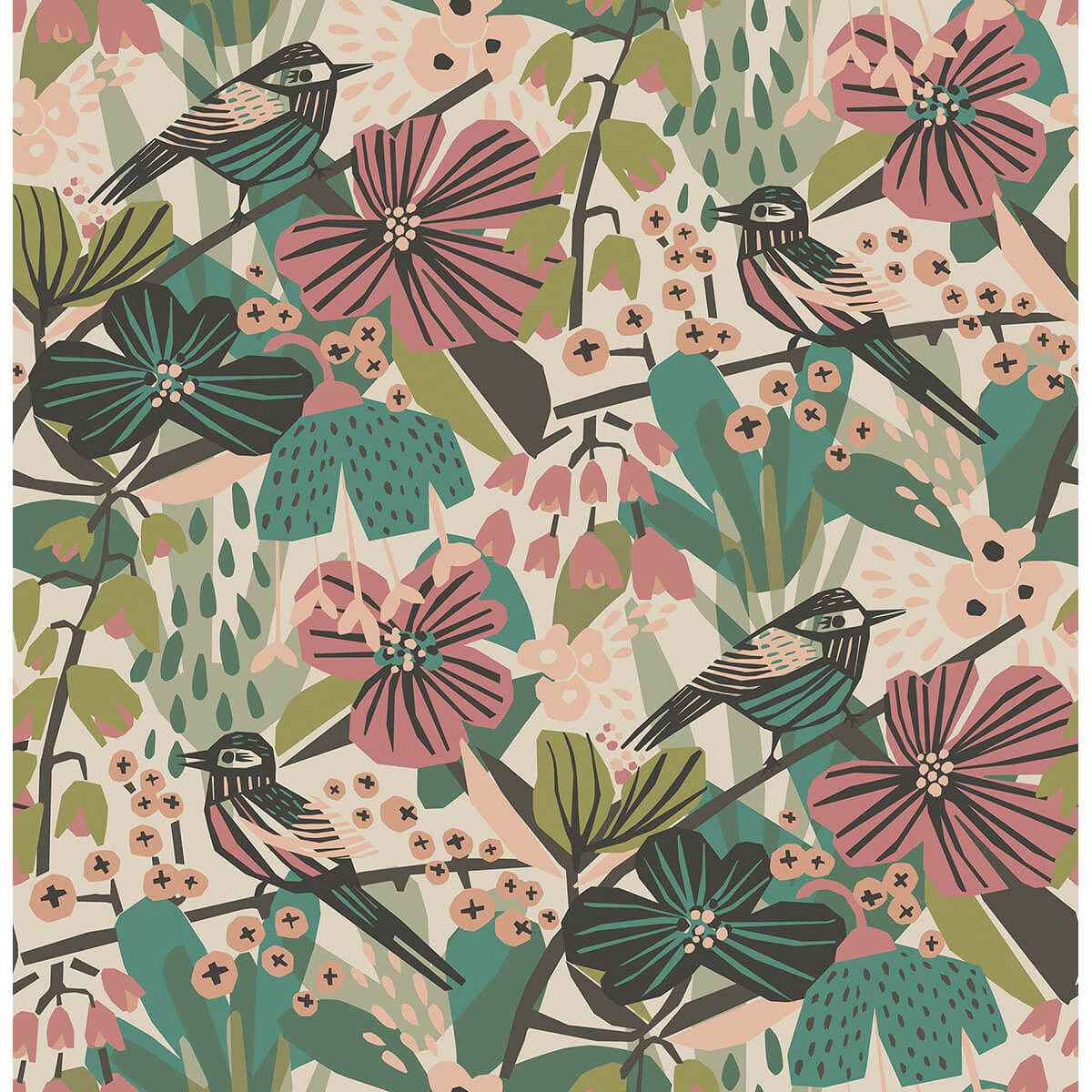 Teal Pink Jaybird Peel and Stick Wallpaper - York Wallcoverings - PLS4216