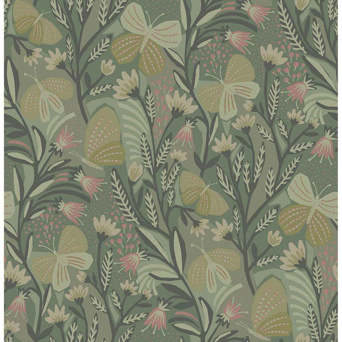 Sage Papillon Flutter Peel and Stick Wallpaper - York Wallcoverings - PLS4204