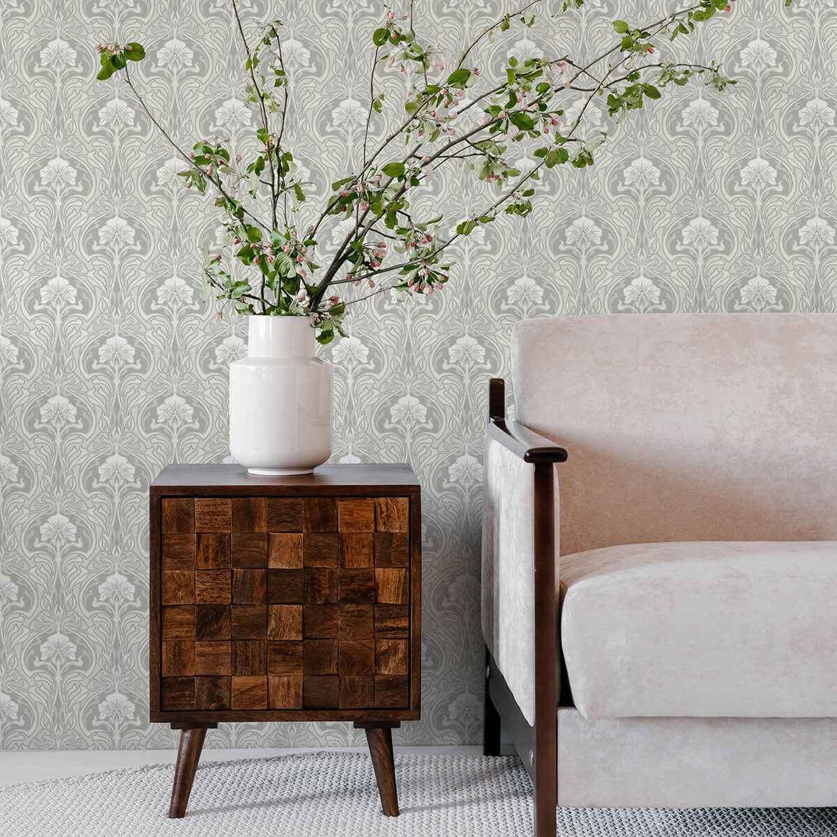 Mucha Off White Botanical Ogee Wallpaper - York Wallcoverings - 2970-26149 - York Wallcoverings Wallpaper