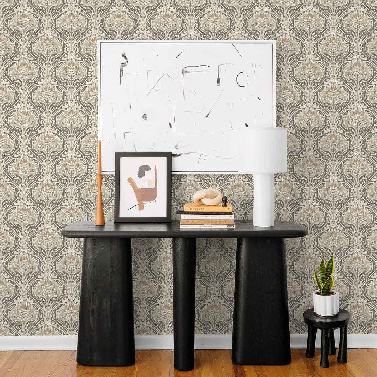 Mucha Dark Grey Botanical Ogee Wallpaper - York Wallcoverings - 2970-26150 - York Wallcoverings Wallpaper