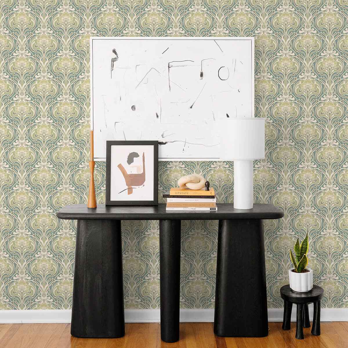 Mucha Teal Botanical Ogee Wallpaper - York Wallcoverings - 2970-26151 - York Wallcoverings Wallpaper