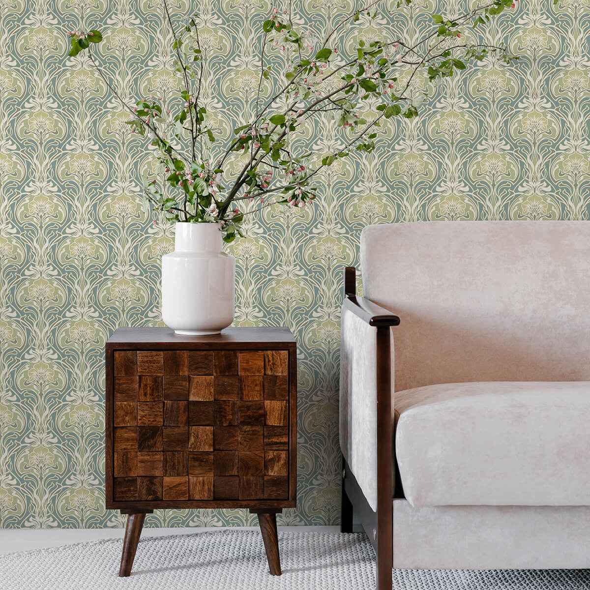 Mucha Teal Botanical Ogee Wallpaper - York Wallcoverings - 2970-26151 - York Wallcoverings Wallpaper