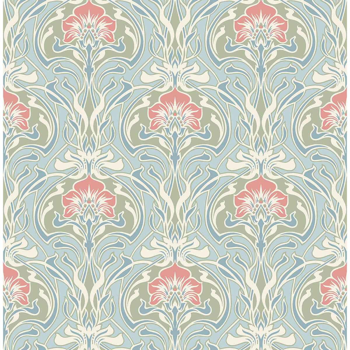 Mucha Light Blue Botanical Ogee Wallpaper - York Wallcoverings - 2970-26152