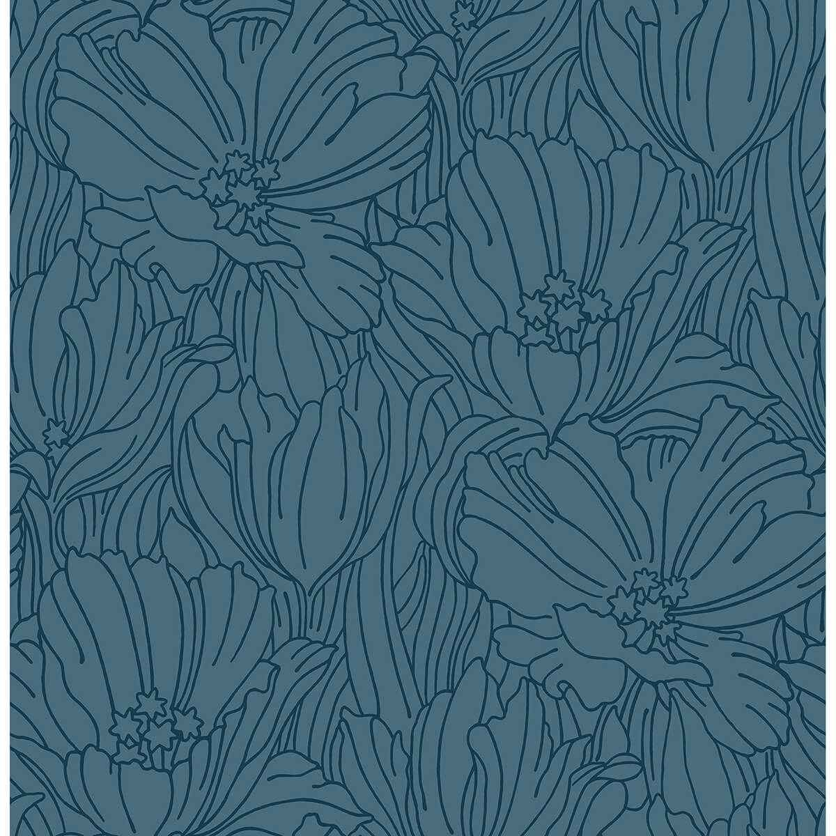Selwyn Flock Dark Blue Floral Wallpaper - York Wallcoverings - 2970-87356