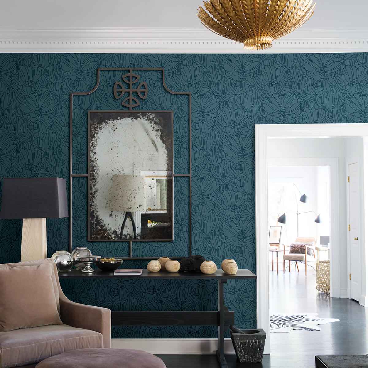 Selwyn Flock Dark Blue Floral Wallpaper - York Wallcoverings - 2970-87356 - York Wallcoverings Wallpaper