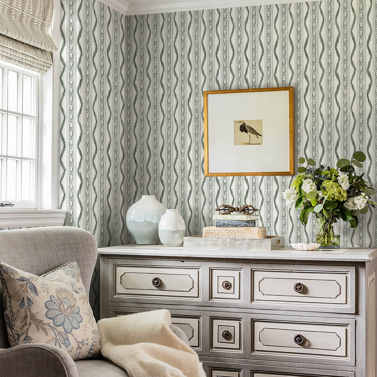 rhys-green-ikat-stripe-wallpaper-york-wallcoverings-ast4347 - York Wallcoverings Wallpaper