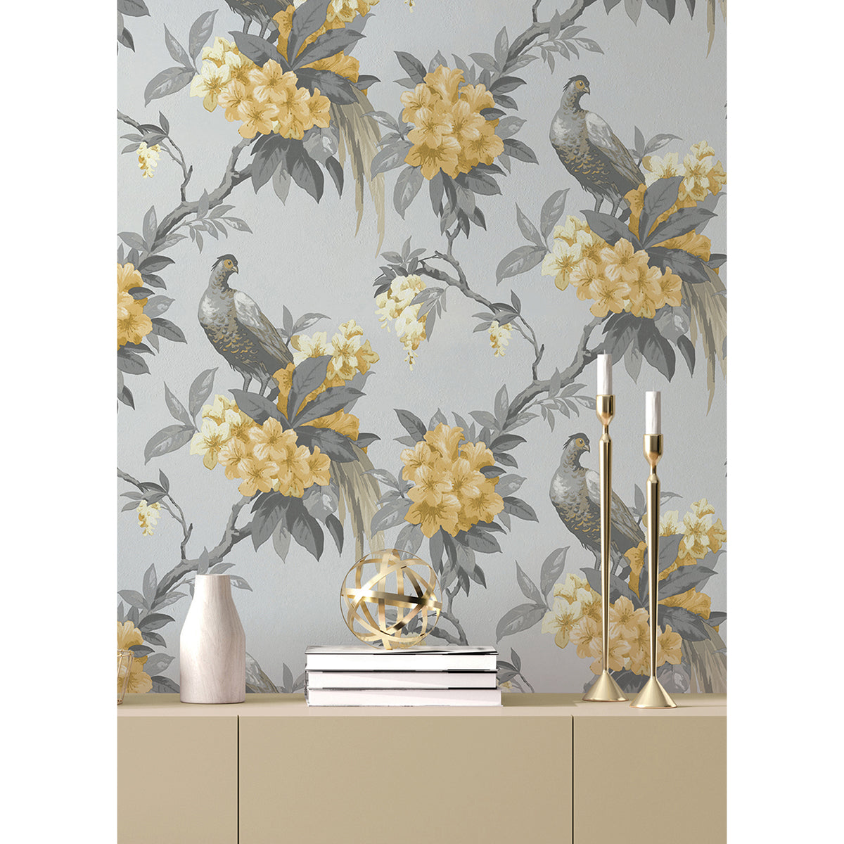 golden-pheasant-grey-floral-wallpaper-york-wallcoverings-m1662 - York Wallcoverings Wallpaper