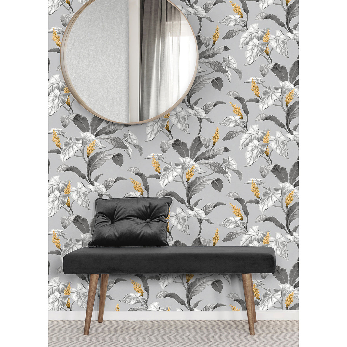 meridian-parade-grey-tropical-leaves-wallpaper-york-wallcoverings-m1691 - York Wallcoverings Papel pintado