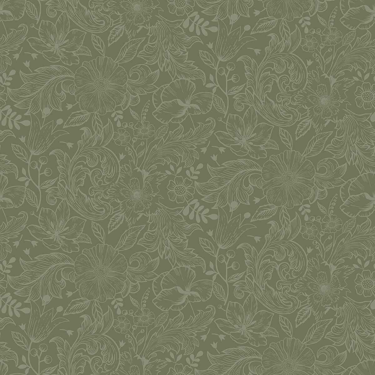 Wilma Green Floral Block Print Wallpaper - York Wallcoverings - 2999-13129 - York Wallcoverings Wallpaper