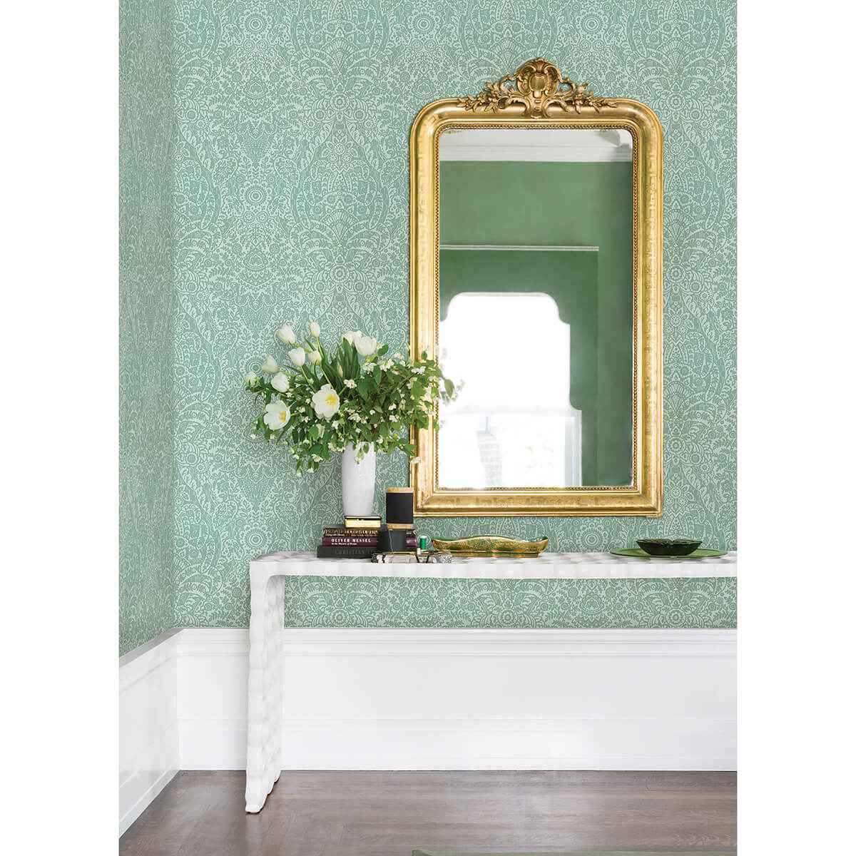 Maris Mint Flock Damask Wallpaper - York Wallcoverings - 2973-87369 - York Wallcoverings Wallpaper