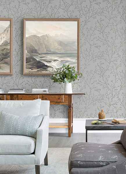 Koura Platinum Branches Wallpaper - York Wallcoverings - 2976-86456