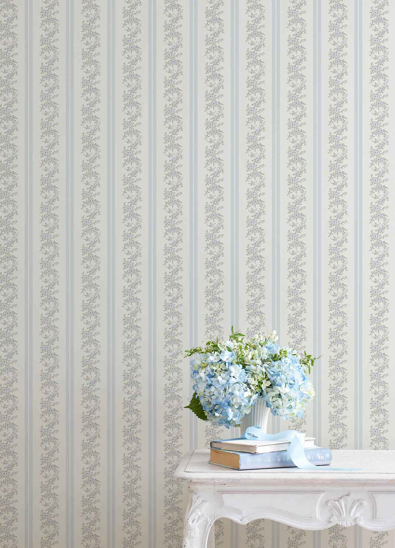 Marigold Wreath Baby Blue Rush Floral Stripe Wallpaper - York Wallcoverings - AST4650 - York Wallcoverings Wallpaper