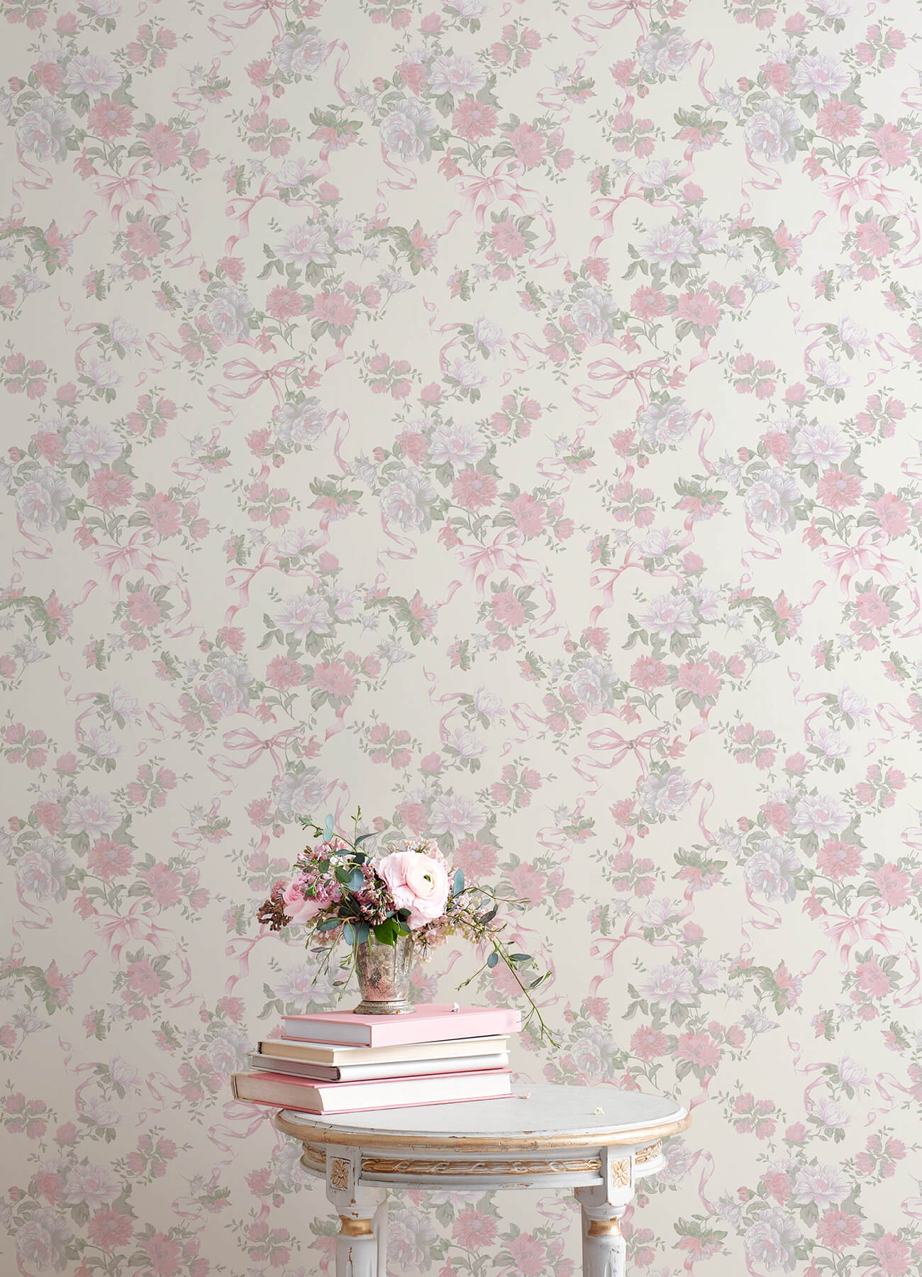 cabbage-rose-bow-pretty-in-pink-ribbons-roses-wallpaper-york-wallcoverings-ast4653 - York Wallcoverings Papel pintado