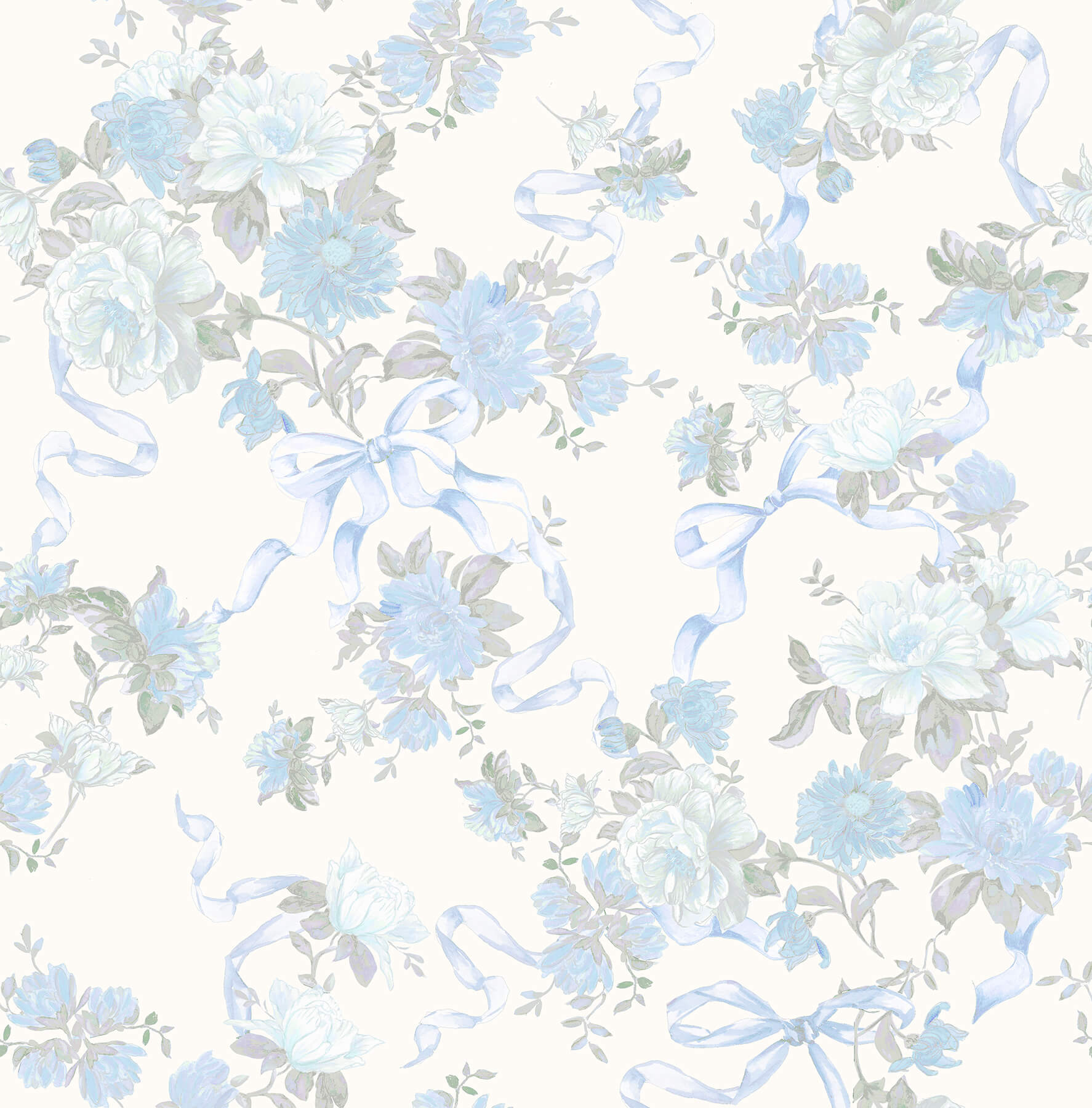 cabbage-rose-bow-dusty-river-blue-ribbons-roses-wallpaper-york-wallcoverings-ast4654 - York Wallcoverings Papel pintado