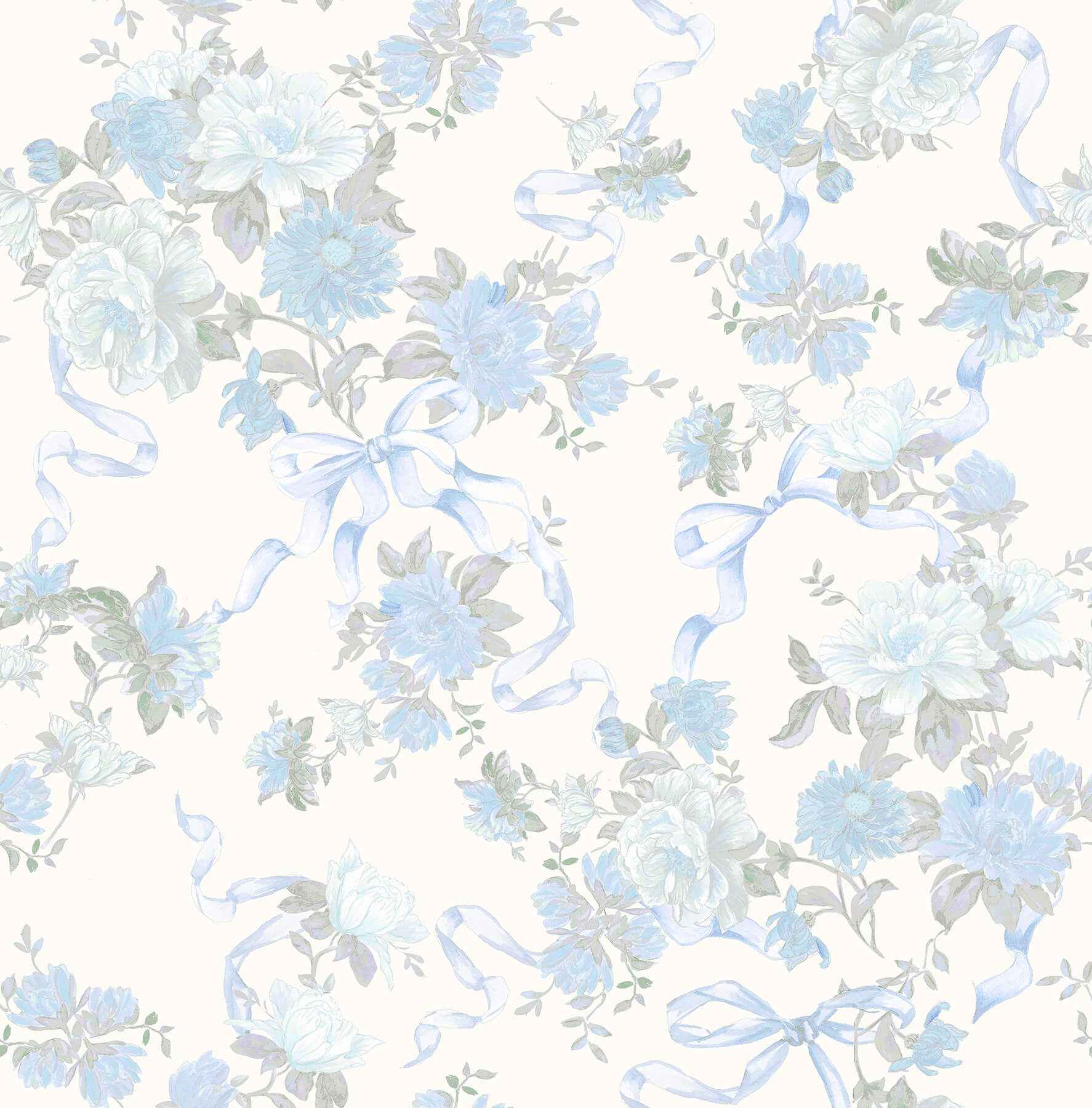 Cabbage Rose Bow Dusty River Blue Ribbons & Roses Wallpaper - York Wallcoverings - AST4654